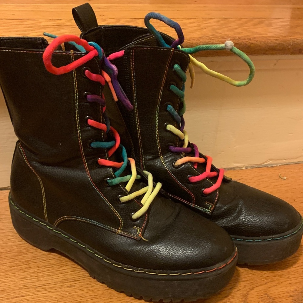 Black Combat Boots with Rainbow Laces